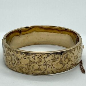 Vtg 9ct 9k Gold Floral Etched Bangle 9 Karat Gold w Metal Core 7” / 2.2”D